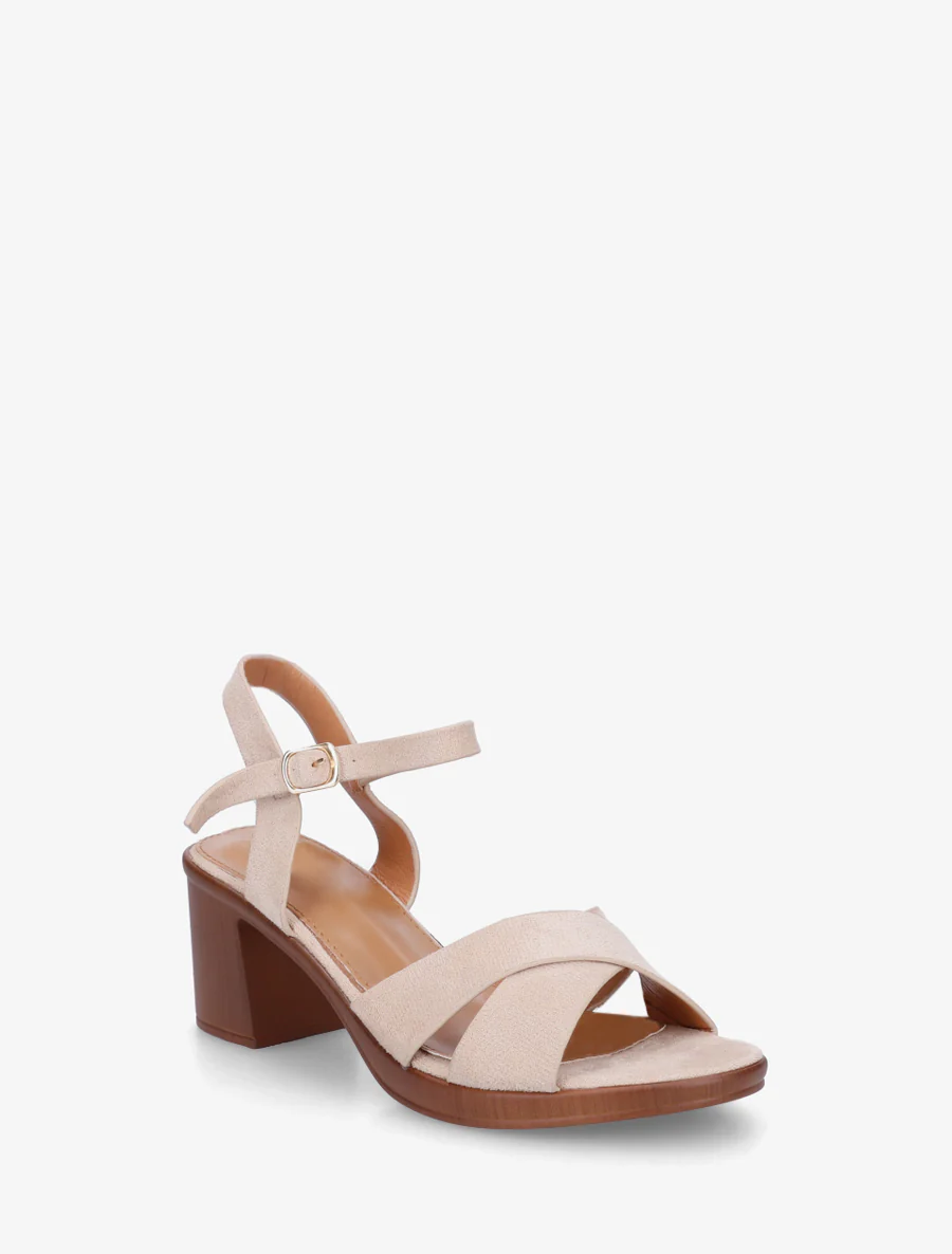 Sandales croisées en suédine à talon carré - Beige - Image 2