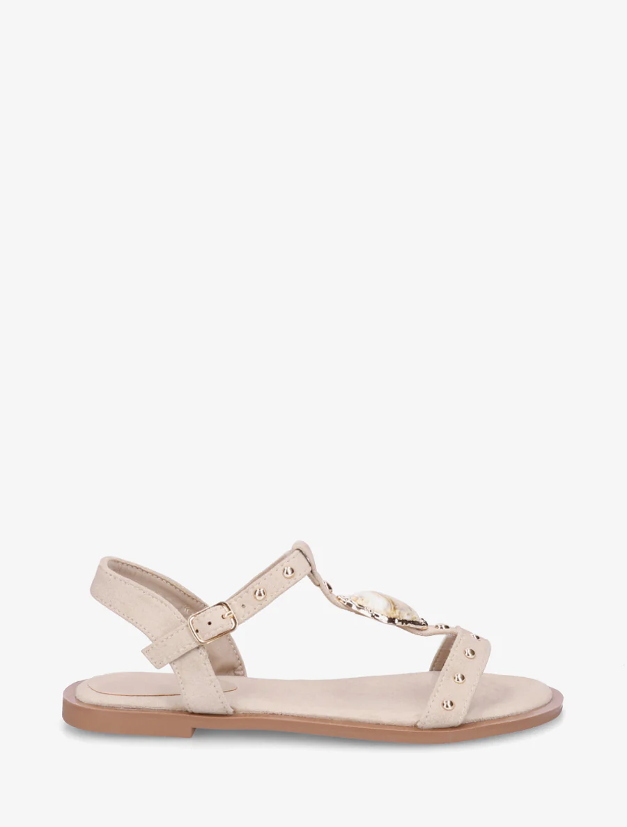 Sandales en suédine à empiècement bijou - Beige