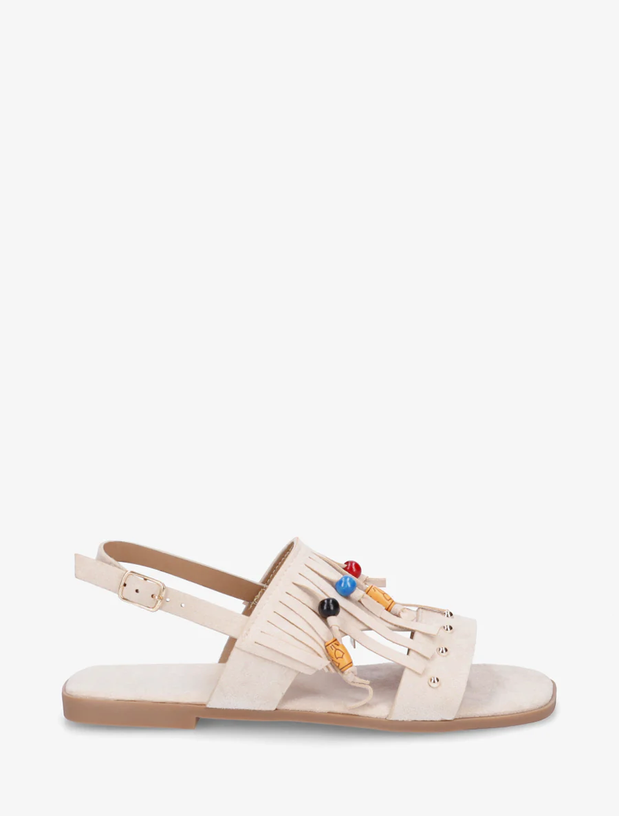 Sandales en suédine à franges et perles de bois - Beige