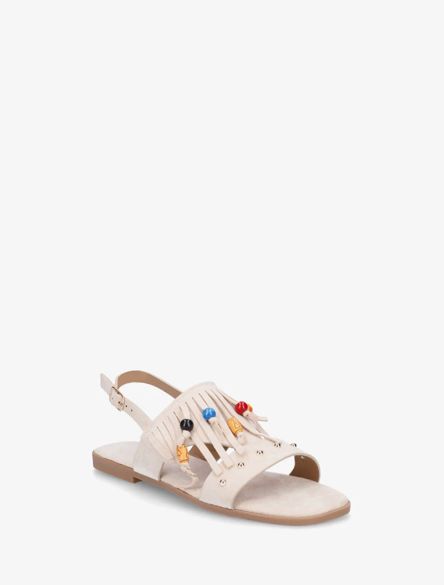 Sandales en suédine à franges et perles de bois - Beige - Image 2