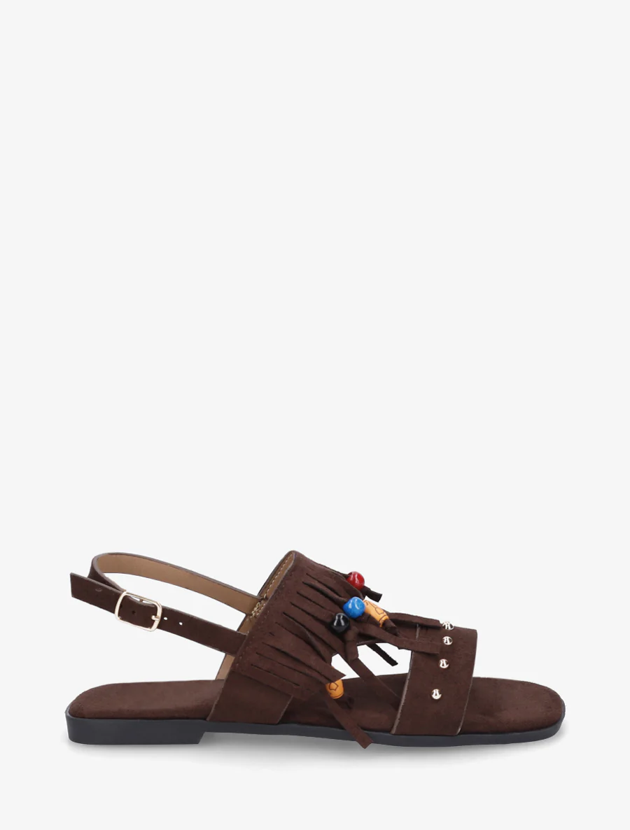 Sandales en suédine à franges et perles de bois - Marron