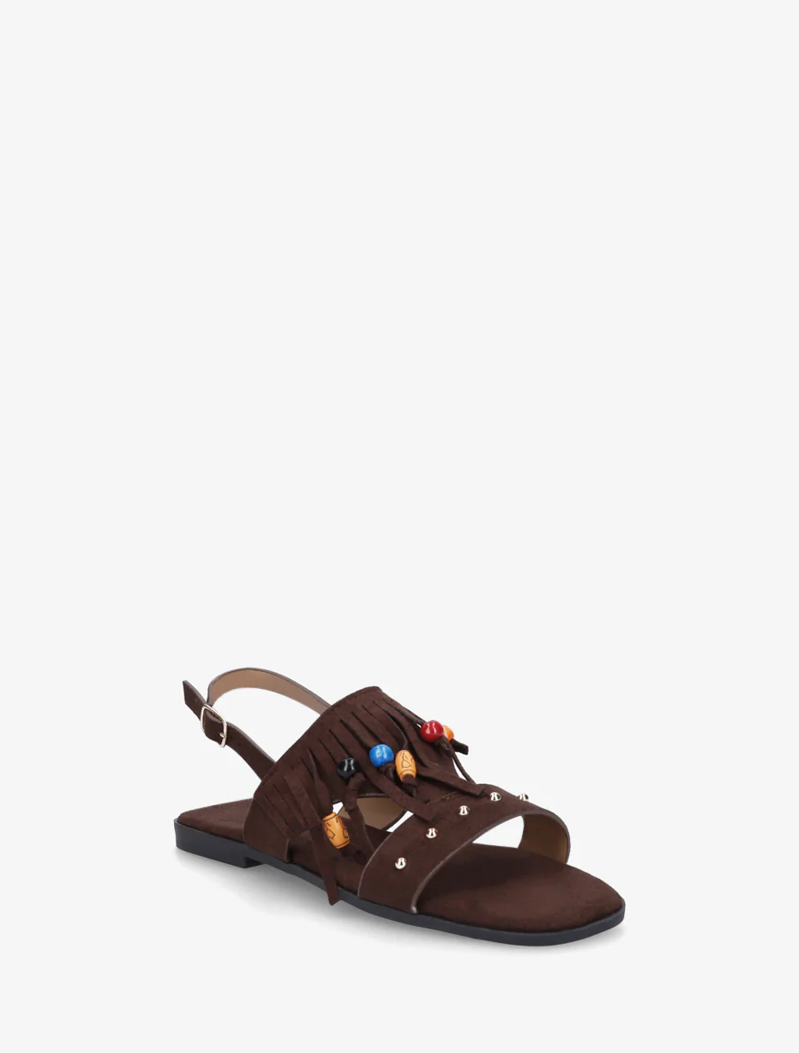 Sandales en suédine à franges et perles de bois - Marron - Image 2