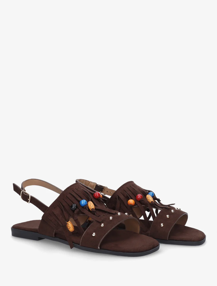 Sandales en suédine à franges et perles de bois - Marron - Image 4
