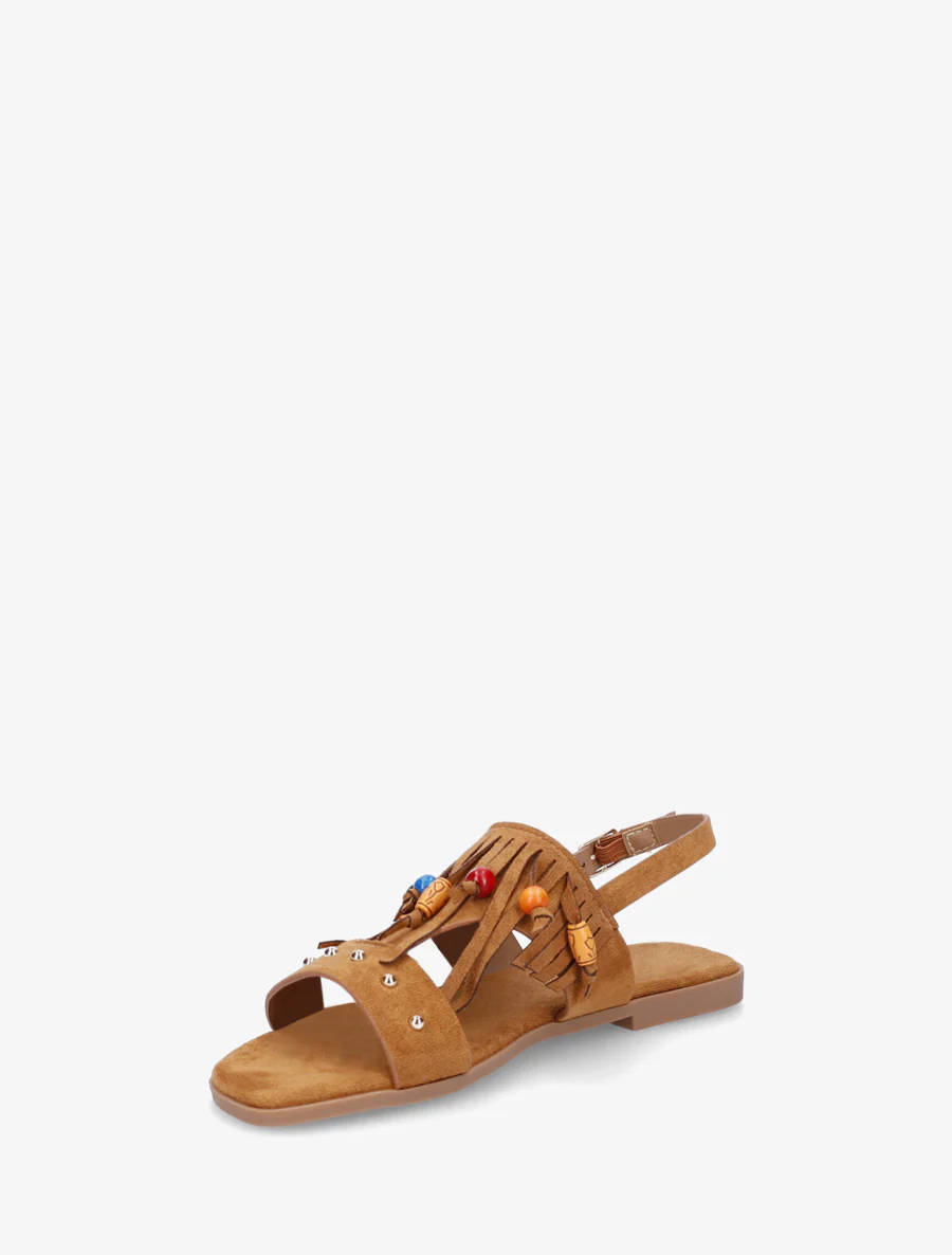 Sandales en suédine à franges et perles de bois - Camel - Image 3