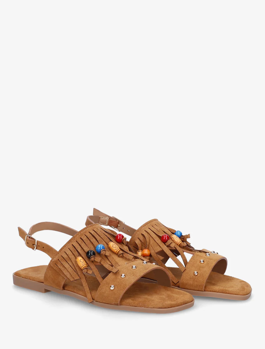 Sandales en suédine à franges et perles de bois - Camel - Image 4