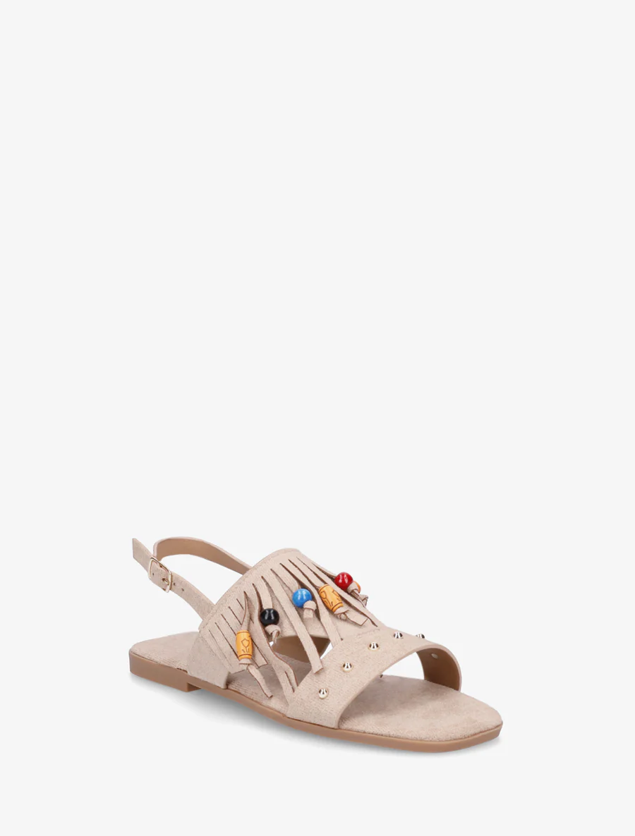 Sandales en suédine à franges et perles de bois - Taupe - Image 2