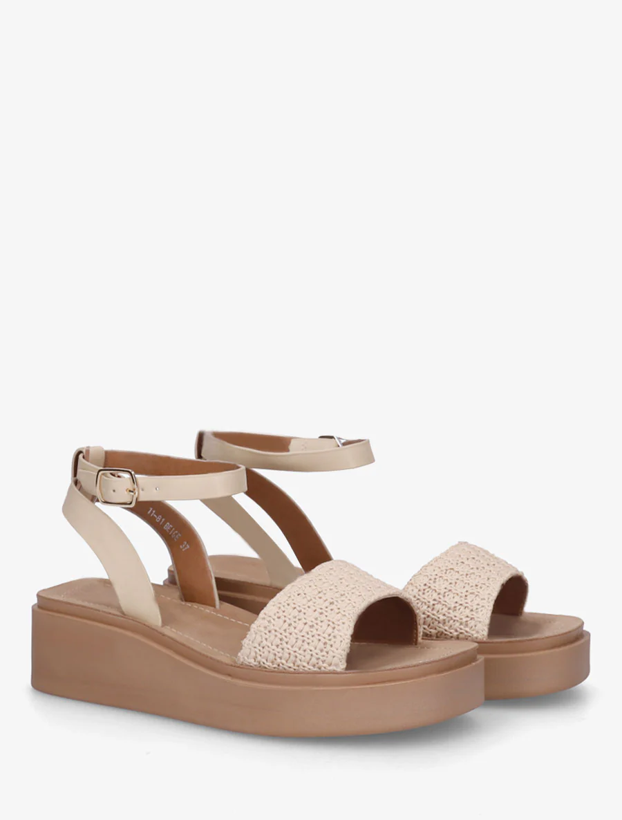 Sandales semi-compensées en raphia tressé - Beige - Image 4