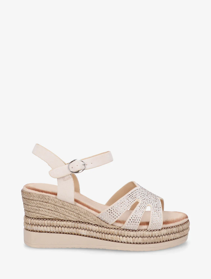 Sandales talon compensé à bride strassée - Beige