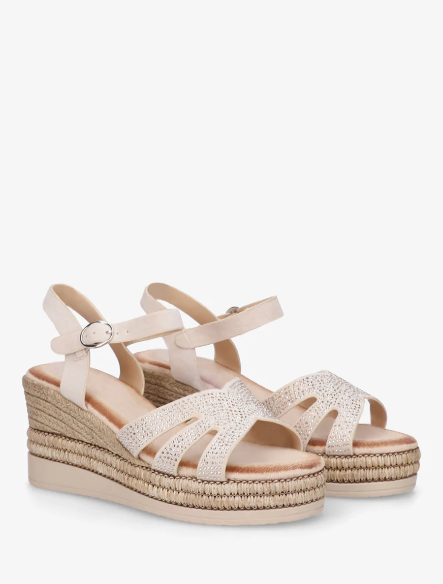 Sandales talon compensé à bride strassée - Beige - Image 4