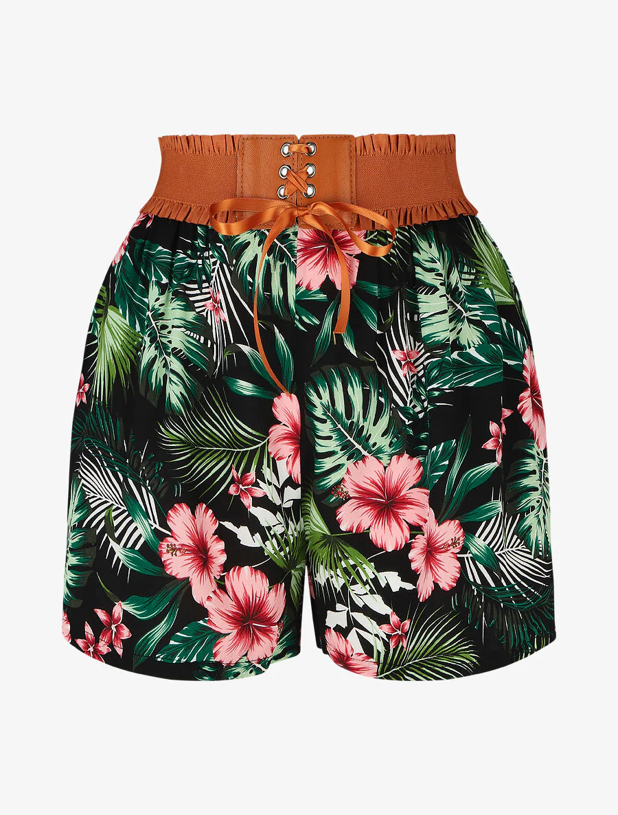 Short à taille haute style corset imprimé floral - Noir