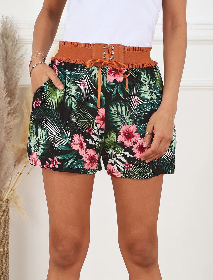 Short à taille haute style corset imprimé floral - Noir - Image 4