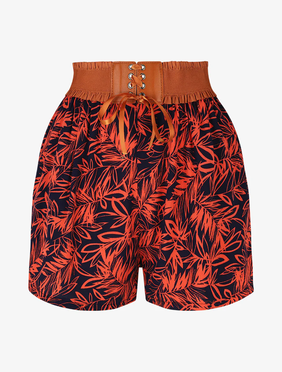 Short à taille haute style corset imprimé tropical - Rouge