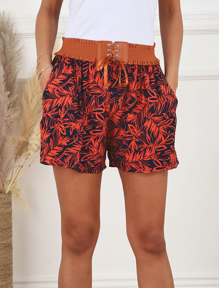 Short à taille haute style corset imprimé tropical - Rouge - Image 4