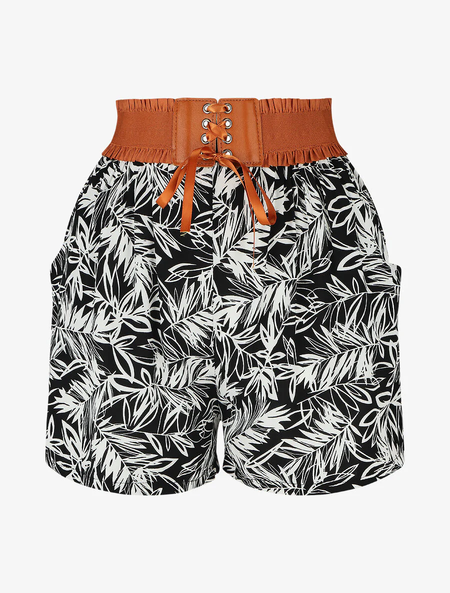 Short à taille haute style corset imprimé tropical - Noir
