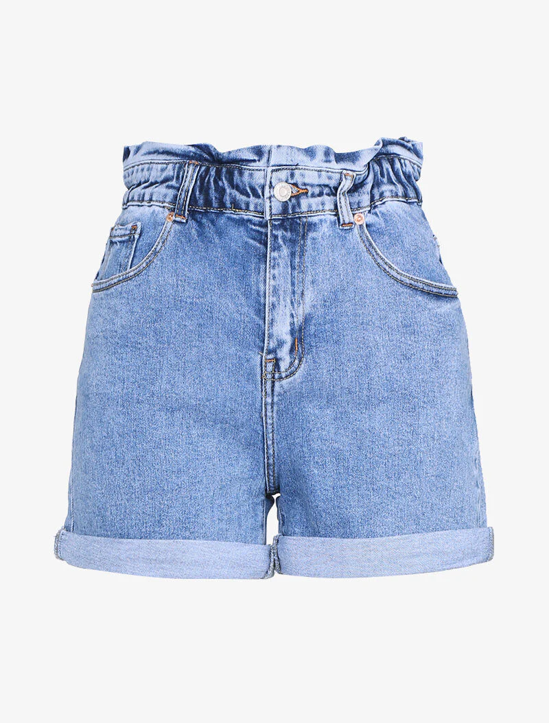 Short à taille haute volantée - bleu denim