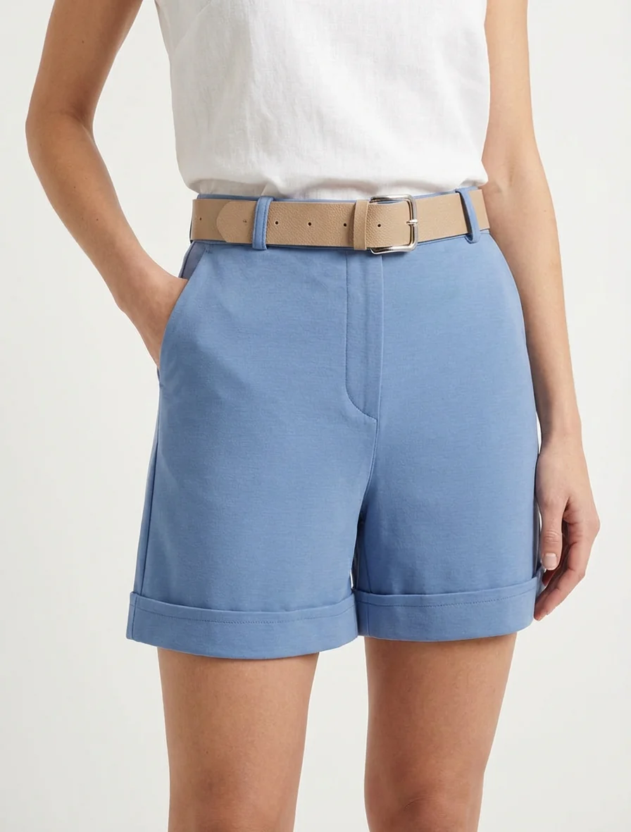 Short ceinturé à revers - Bleu - Image 4