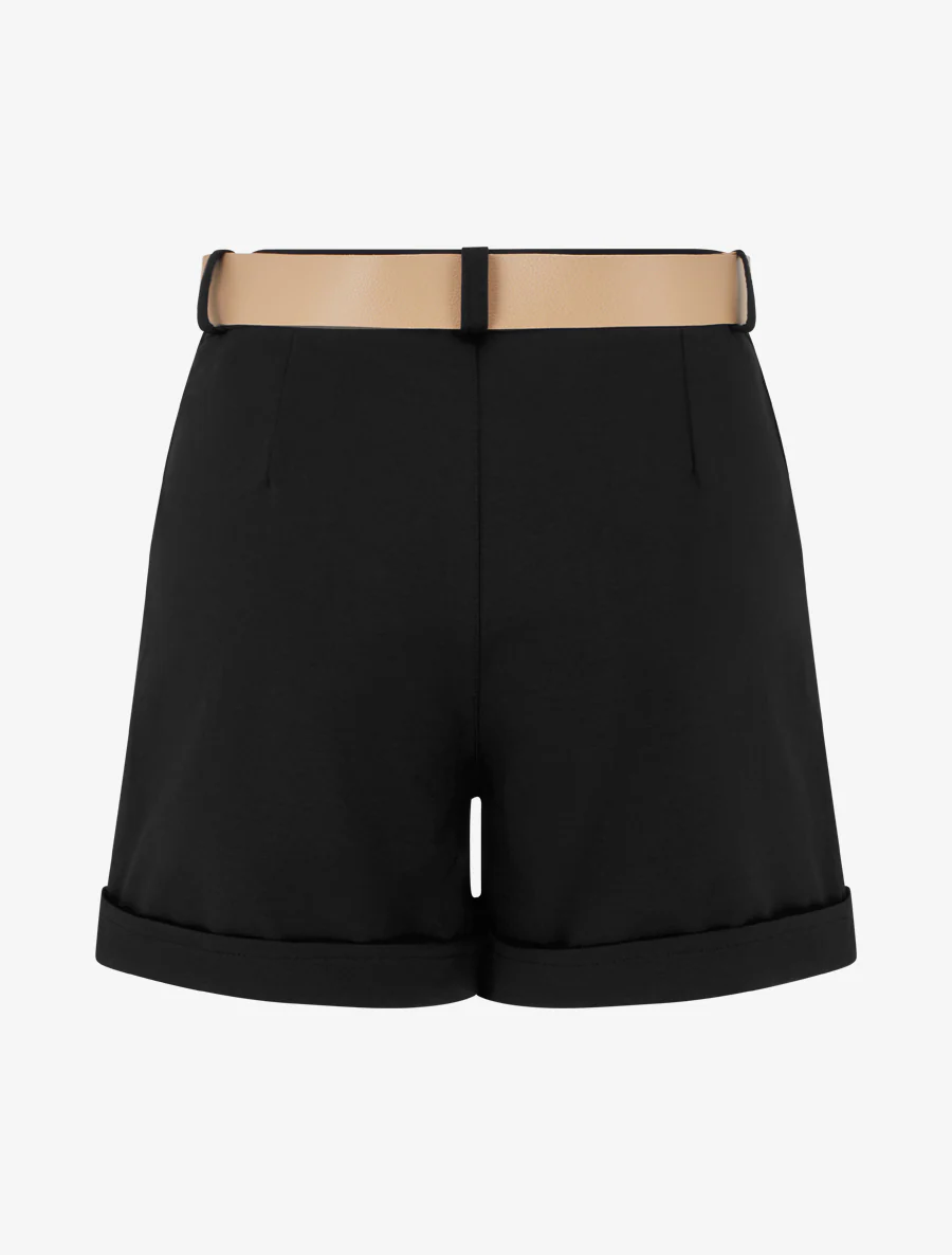 Short ceinturé à revers - Noir - Image 2