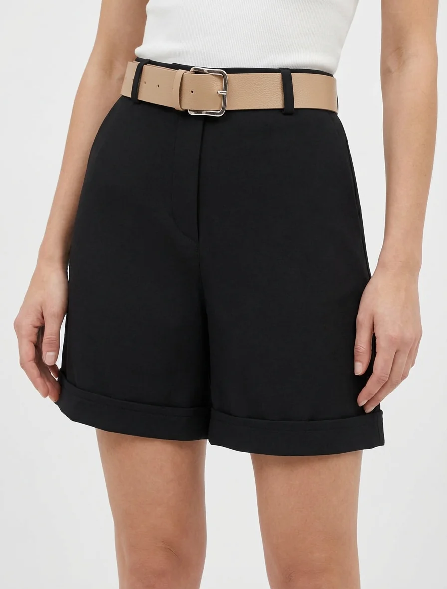 Short ceinturé à revers - Noir - Image 4