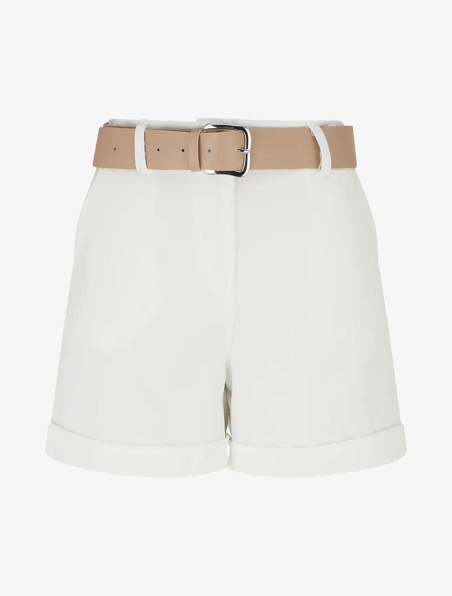 Short ceinturé uni à ourlet - Blanc