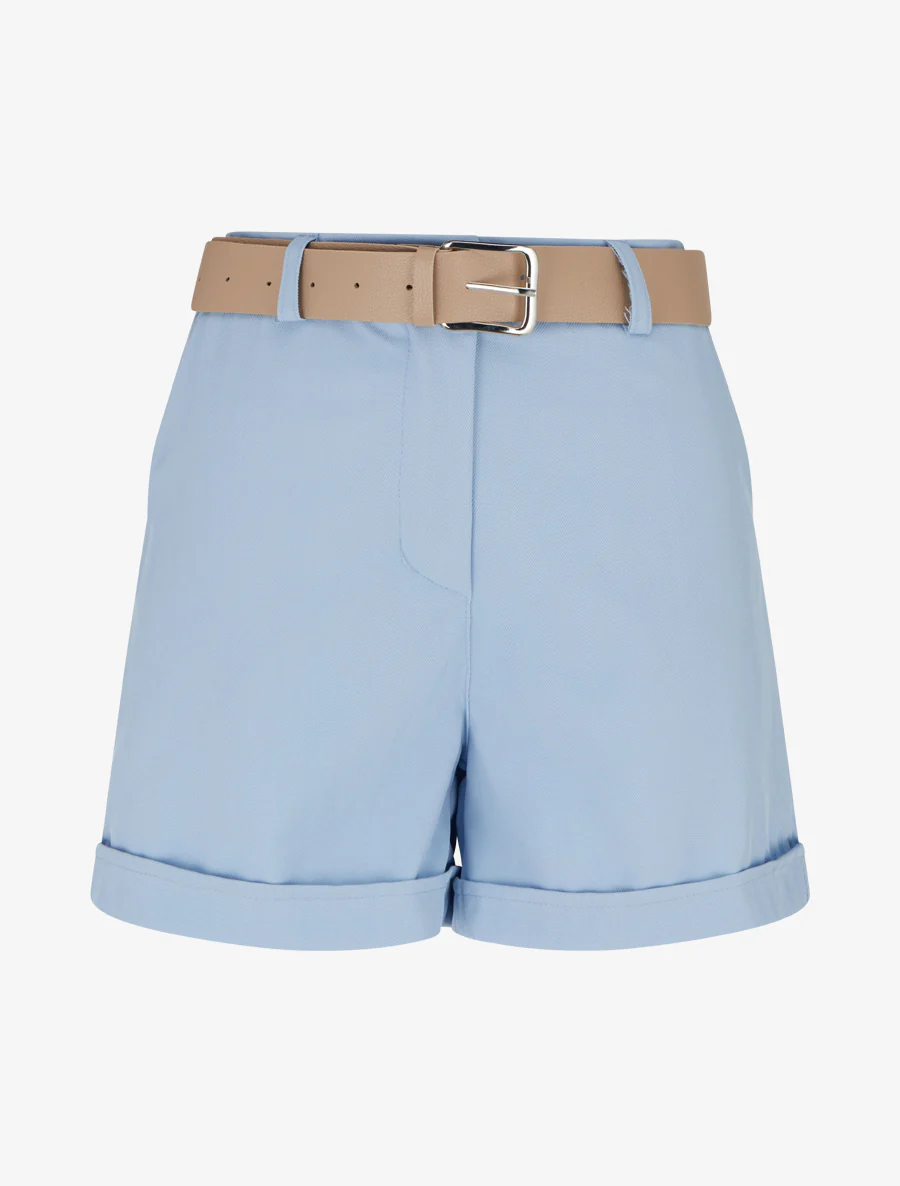 Short ceinturé uni à ourlet - Bleu ciel