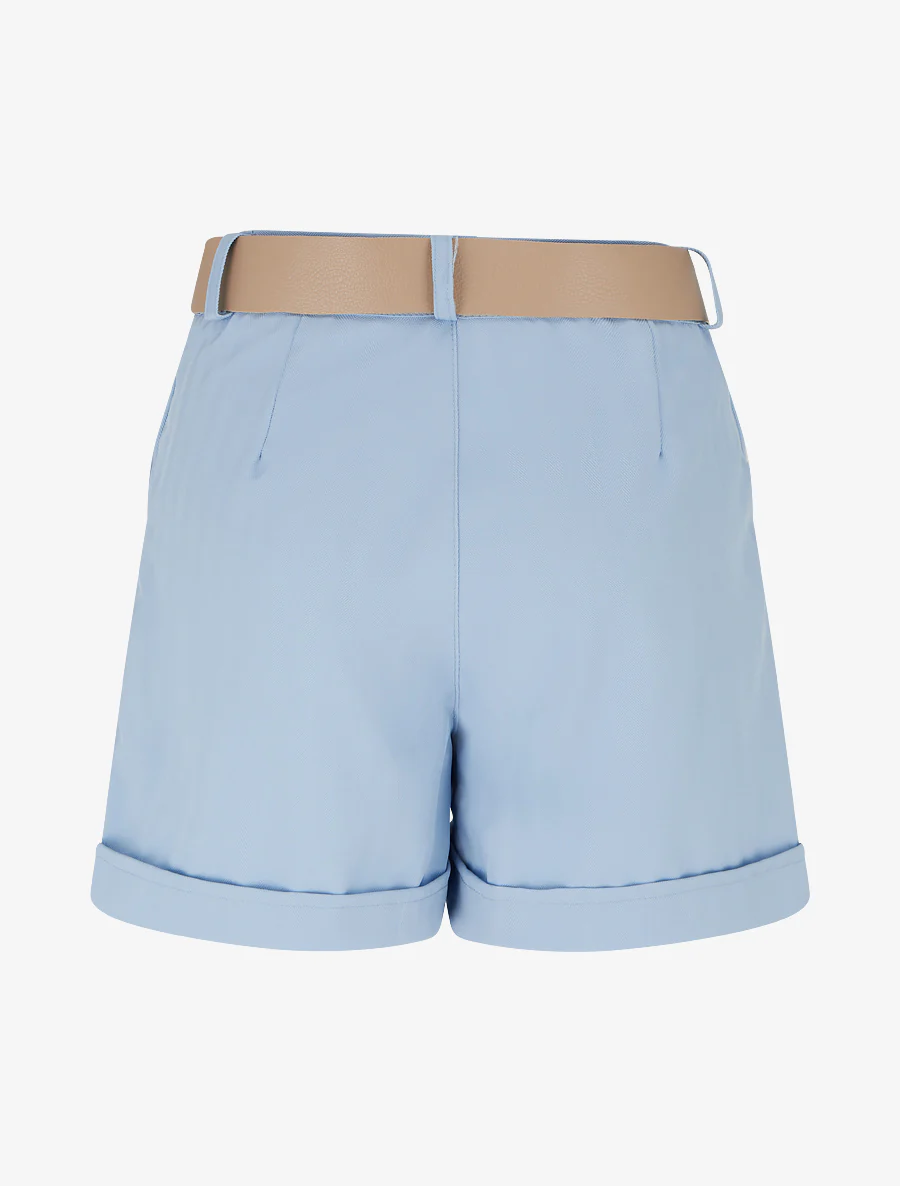 Short ceinturé uni à ourlet - Bleu ciel - Image 2