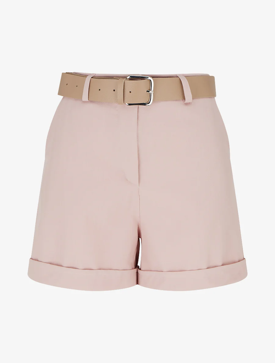 Short ceinturé uni à ourlet - Rose