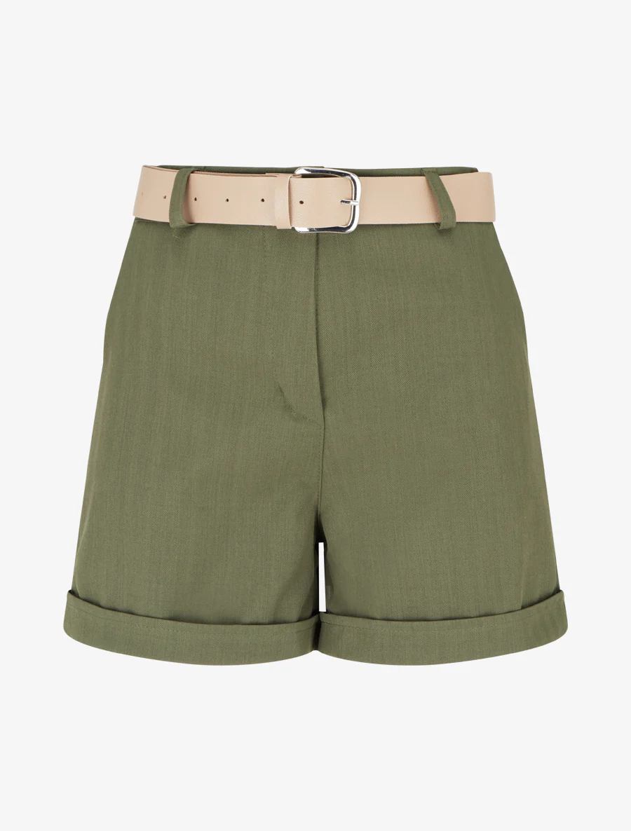 Short ceinturé uni à ourlet - Kaki