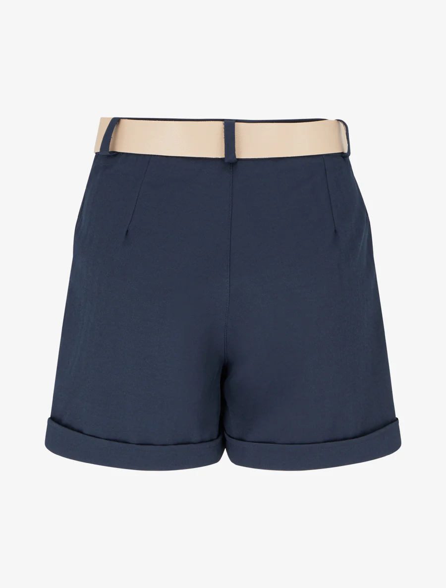 Short ceinturé uni à ourlet - Marine - Image 2