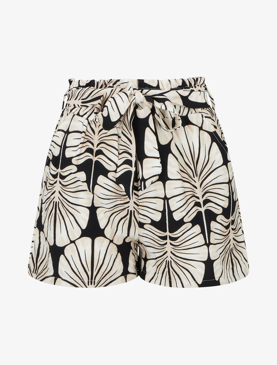 Short droit élastiqué imprimé tropical - Noir