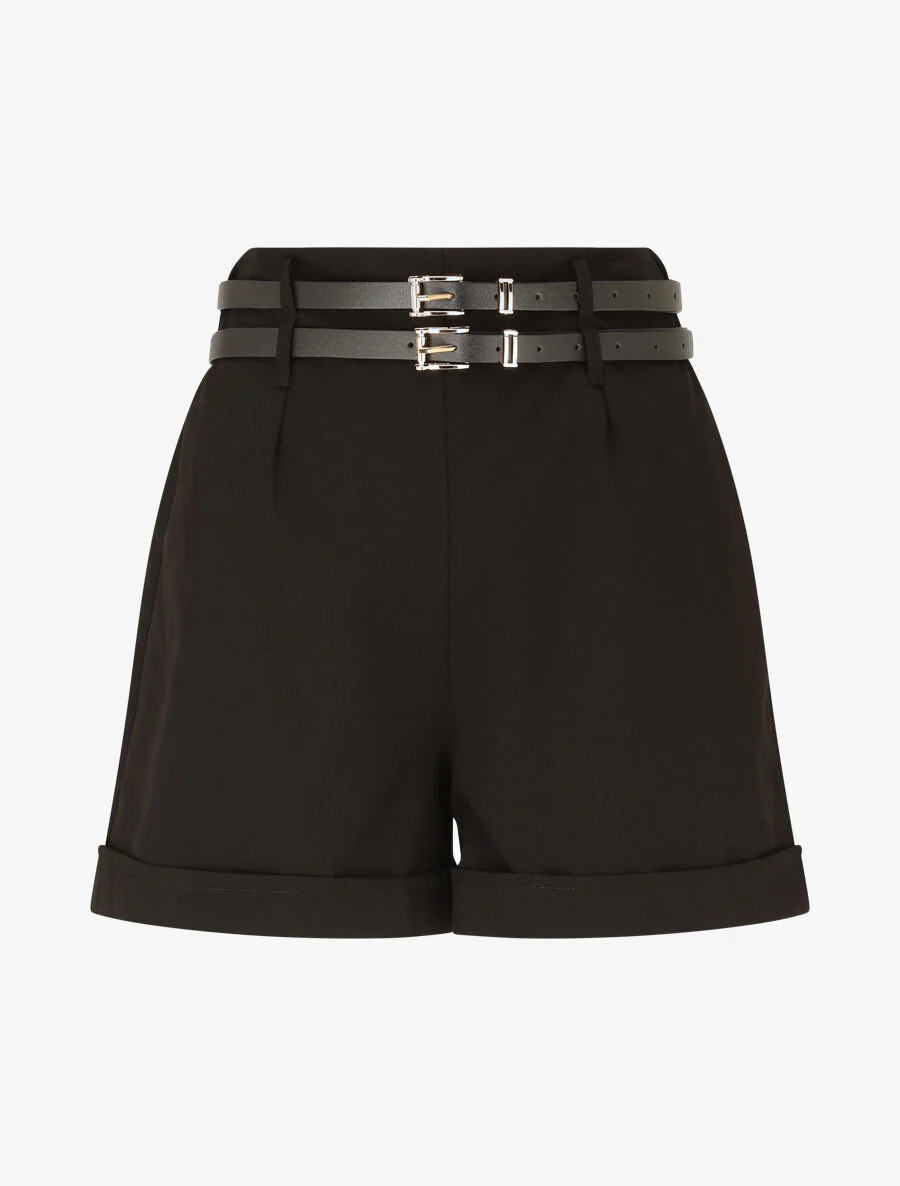 Short droit taille haute à double ceintures - Noir