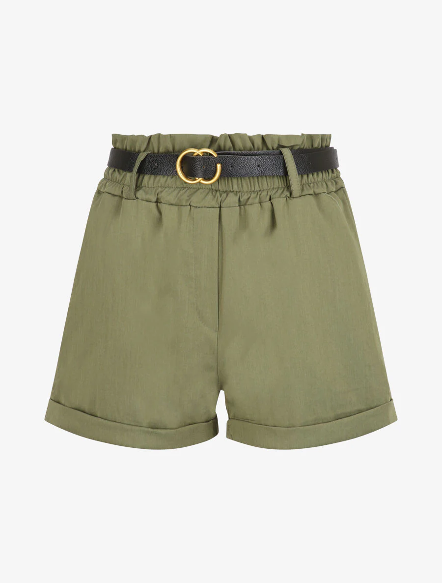 Short droit uni à taille haute élastiquée - Kaki