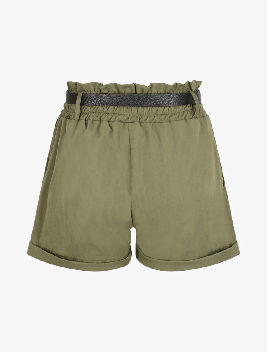 Short droit uni à taille haute élastiquée - Kaki - Image 2