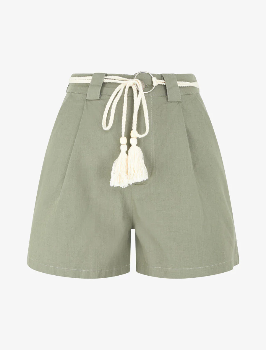 Short élastiqué effet lin - Kaki