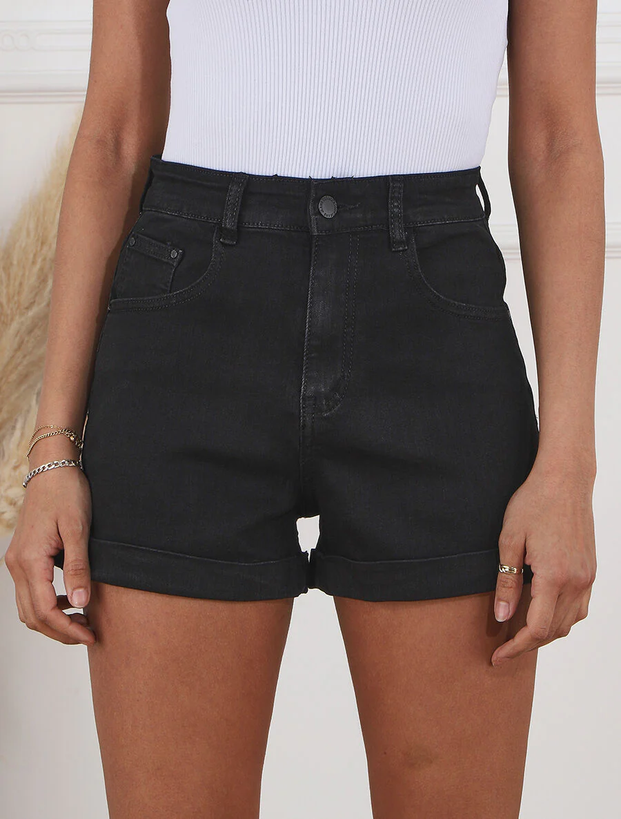 Short en jean à ourlets - Noir - Image 4