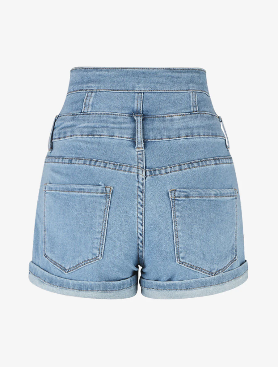 Short en jean à ourlets et taille haute - Bleu - Image 2