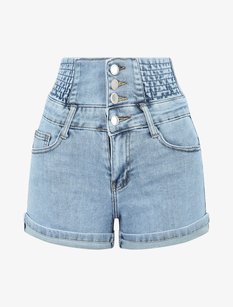 Short en jean à taille haute élastiquée - Denim clair