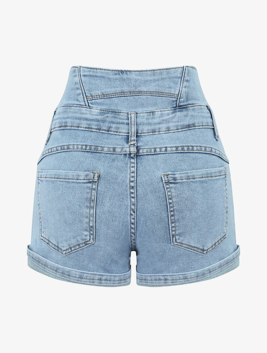 Short en jean à taille haute élastiquée - Denim clair - Image 2