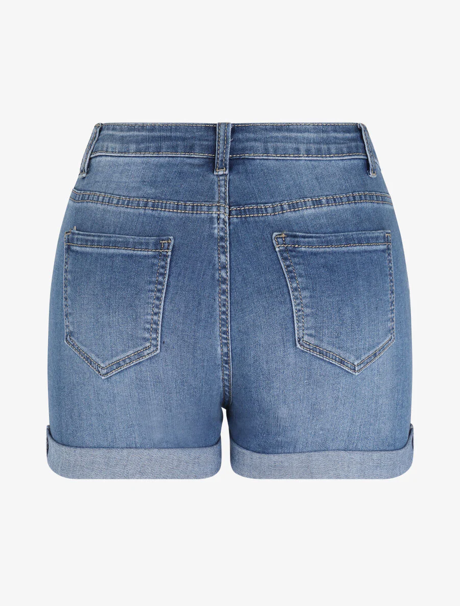 Short en jean déchiré à bords retroussés - Bleu - Image 2