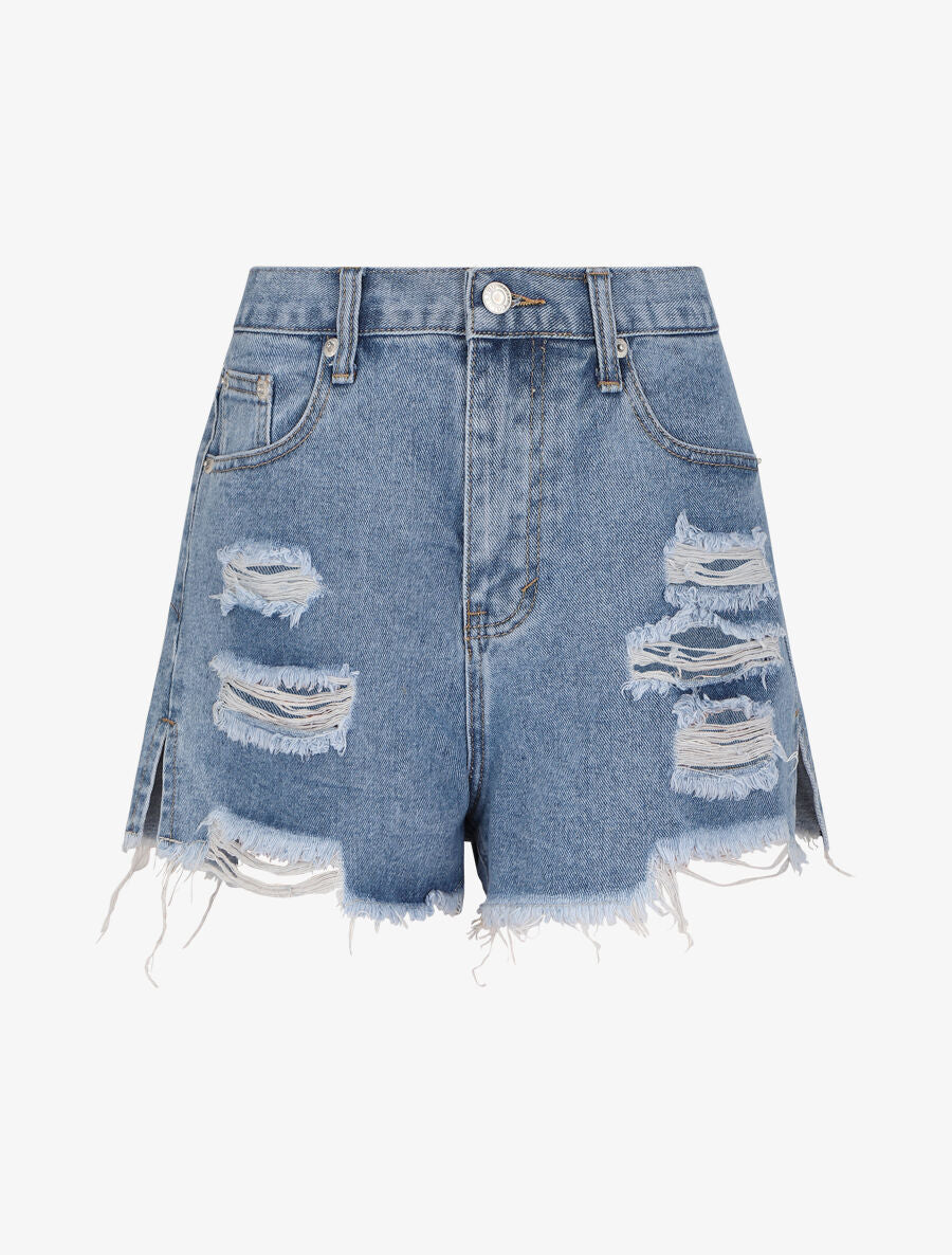 Short en jean déchiré - Bleu clair
