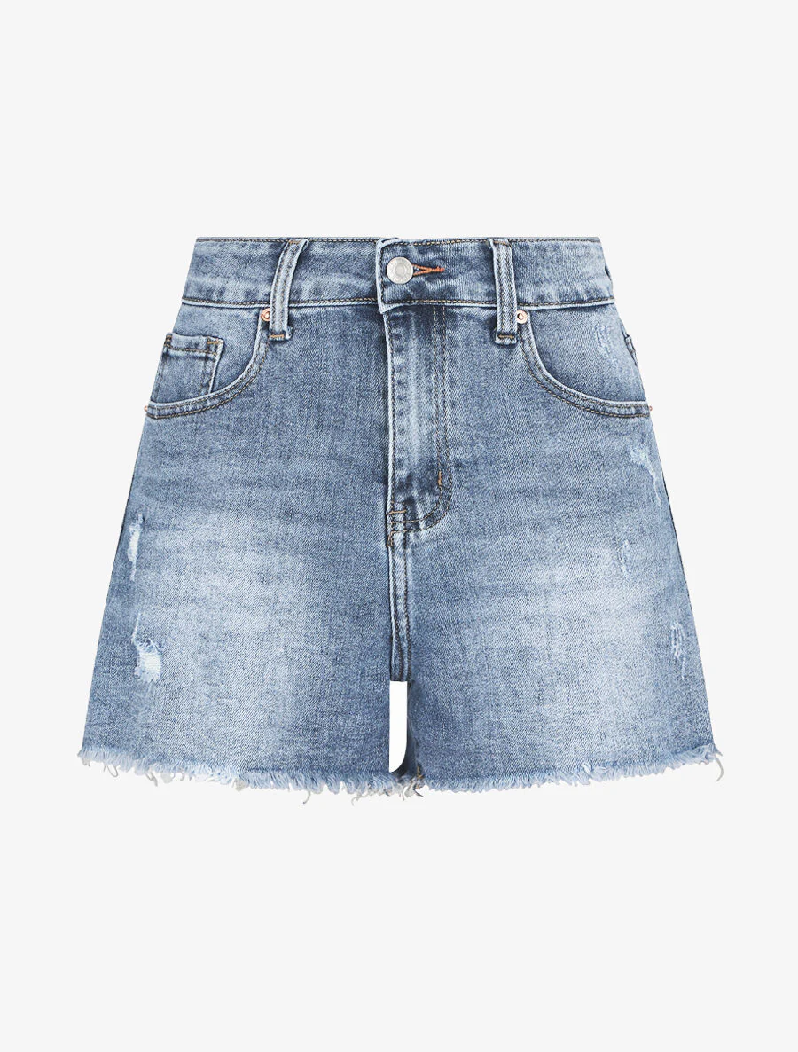 Short en jean droit délavé et déchiré - Bleu - Image 2