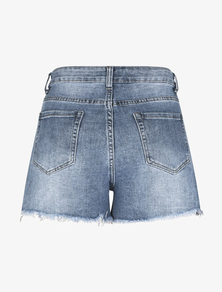 Short en jean droit délavé et déchiré - Bleu - Image 3