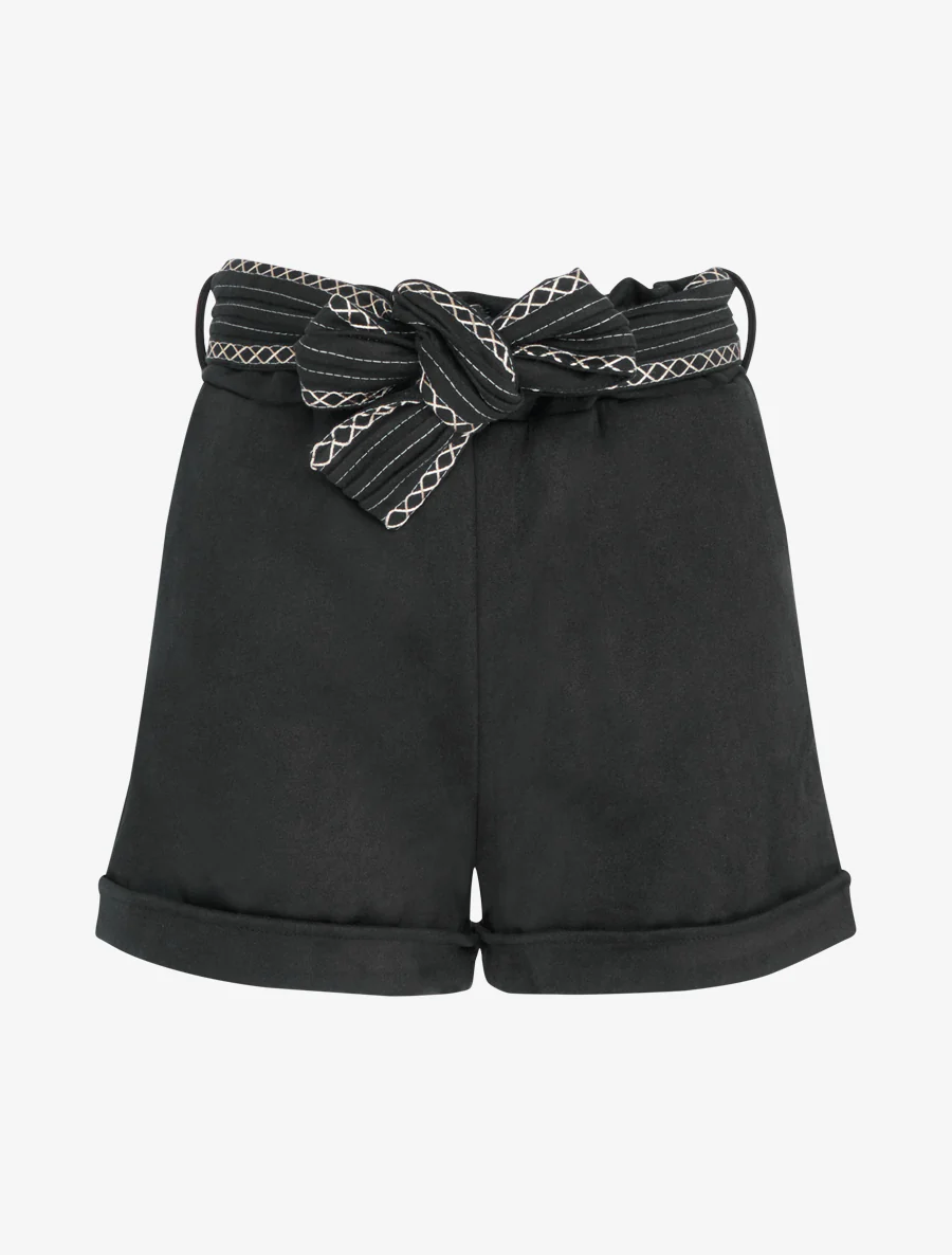 Short en suédine à ceinture brodée - Noir