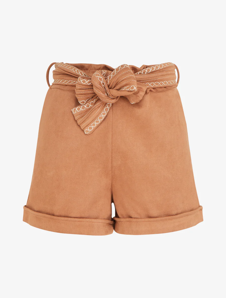 Short en suédine à ceinture brodée - Camel