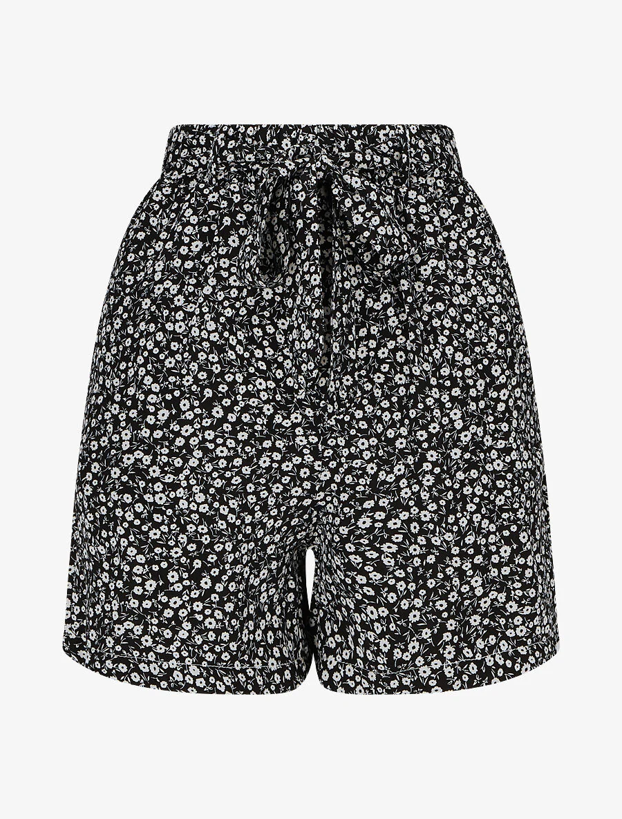 Short fluide imprimé fleuri et ceinturé - Noir