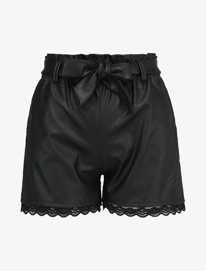 Short paper bag en simili et bords en dentelle - Noir