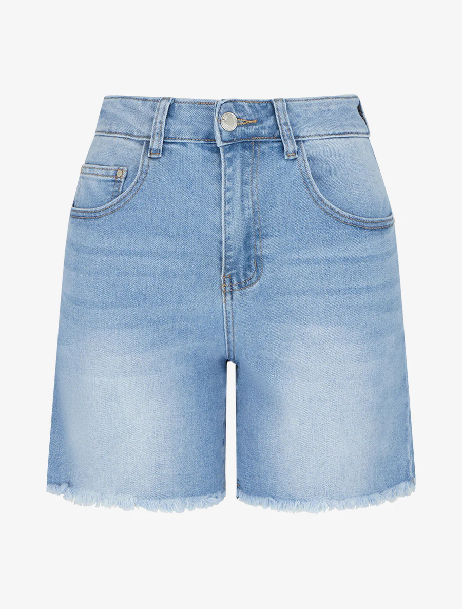 Short push en jean à bas effilochés - Bleu