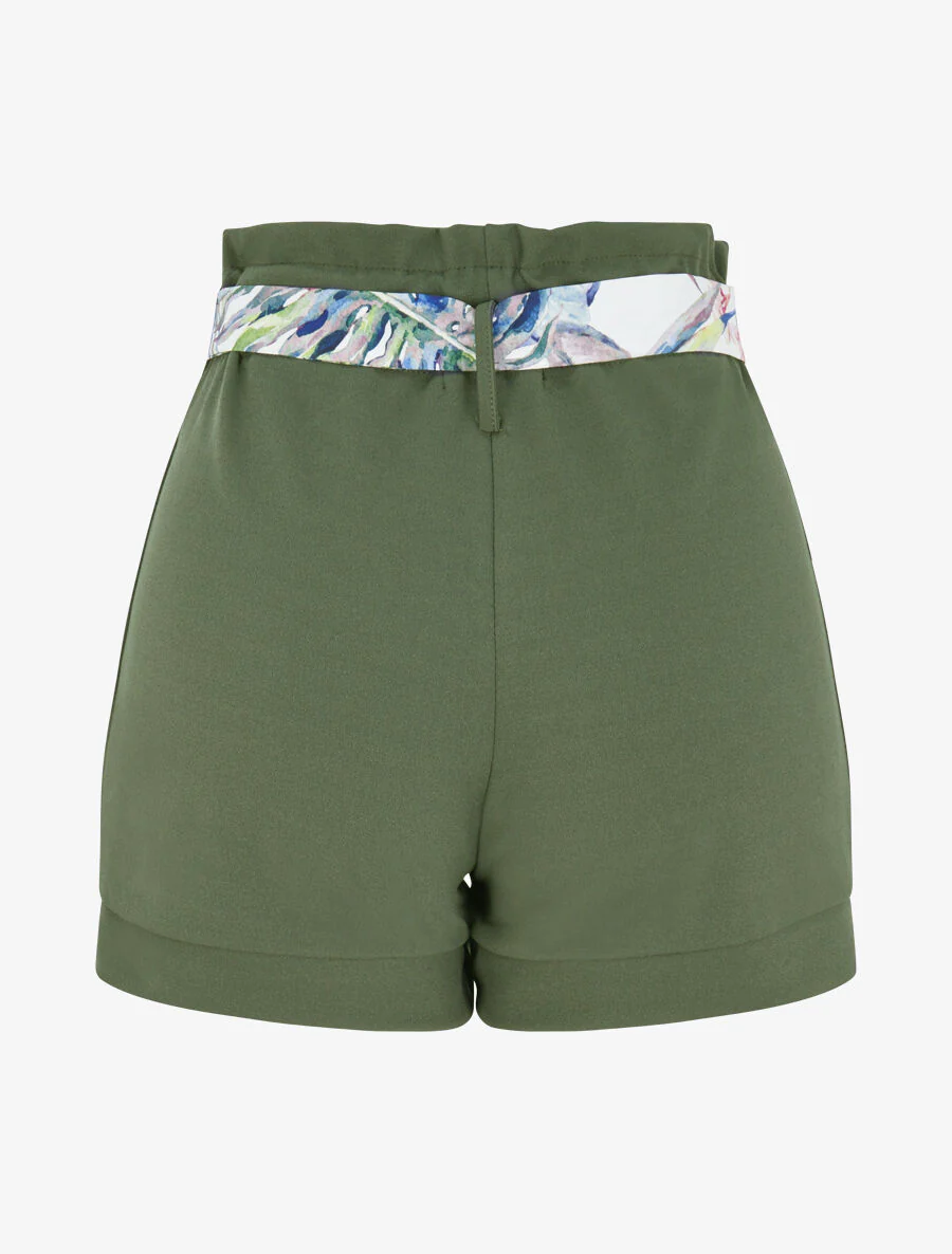 Short taille haute à ceinture imprimé fleurs tropicales - Kaki - Image 2