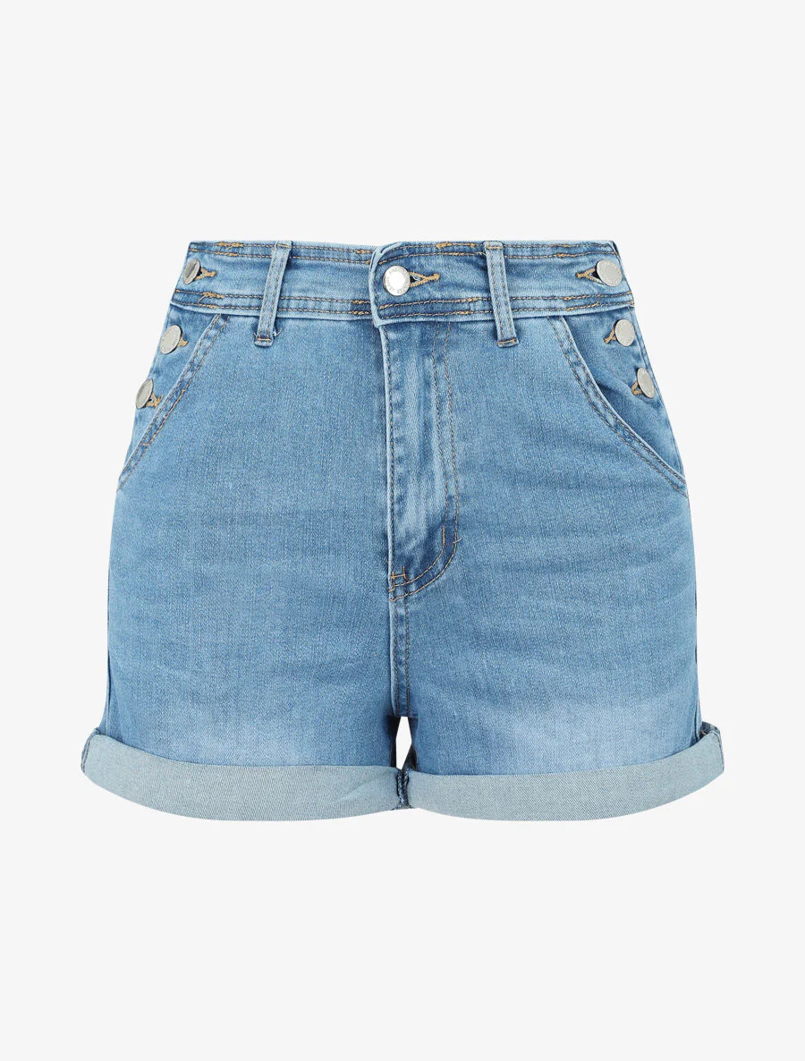 Short taille haute à côtés boutonnés - Denim