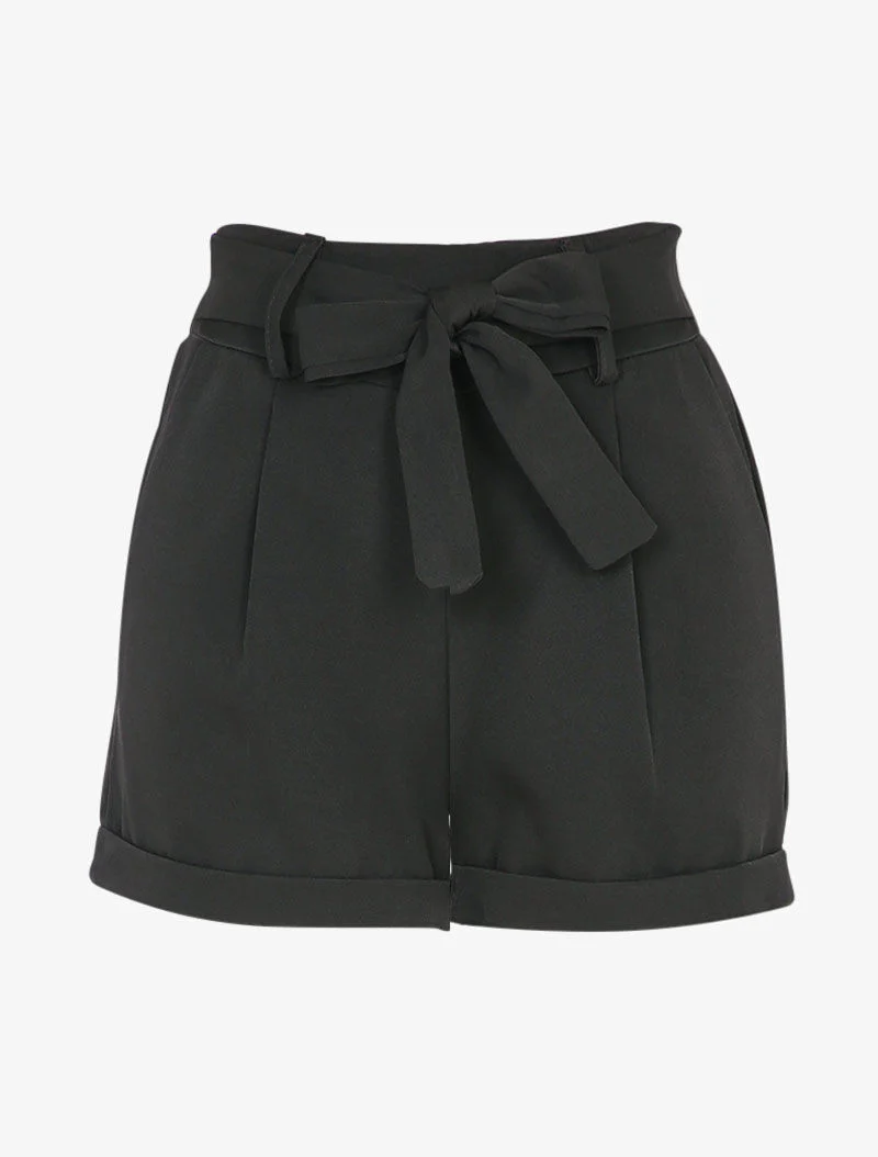 Short taille haute à revers et ceinture à nouer - Noir