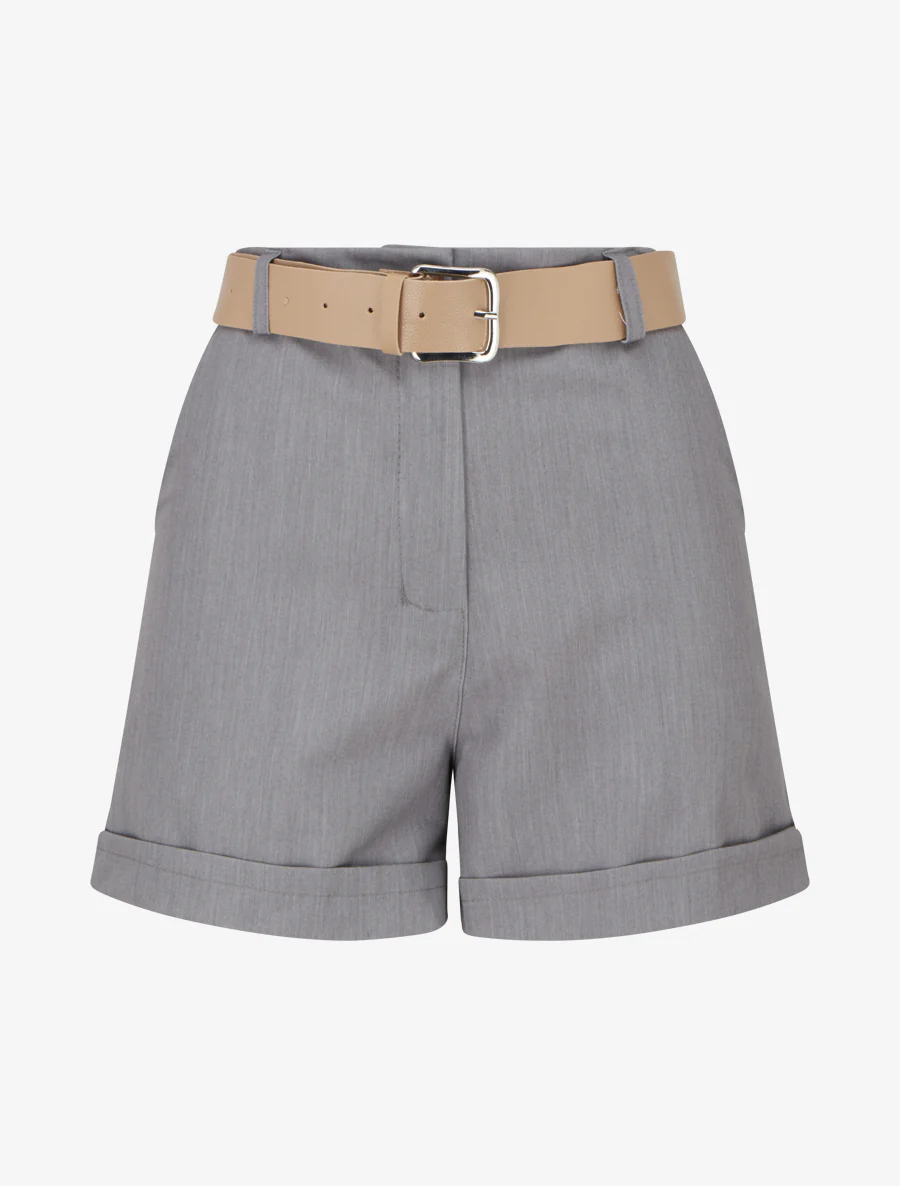 Short uni à ourlet et ceinturé - Gris